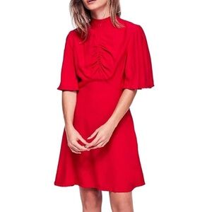 Free People Be My Baby Red Mock Neck Pleated Flutter Sleeve Button Back Dress